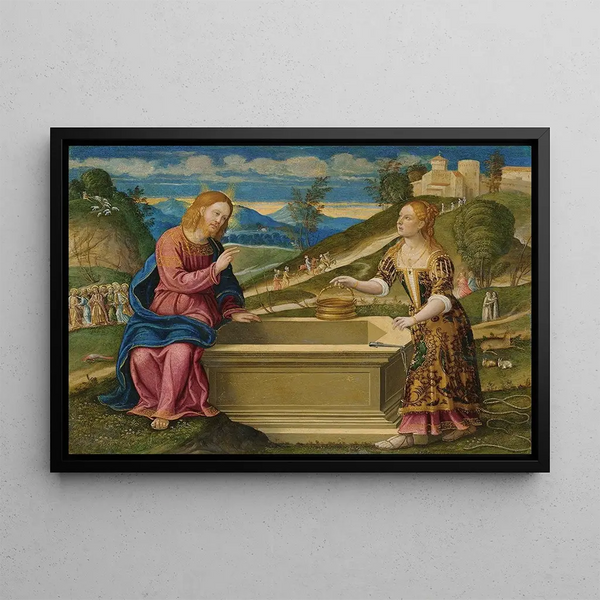 The Christ and the Samaritan Woman - Girolamo da Santacroce — framed artwork on a wall
