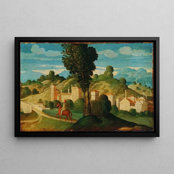 Landscape with Rider - Girolamo da Santacroce — framed artwork on a wall