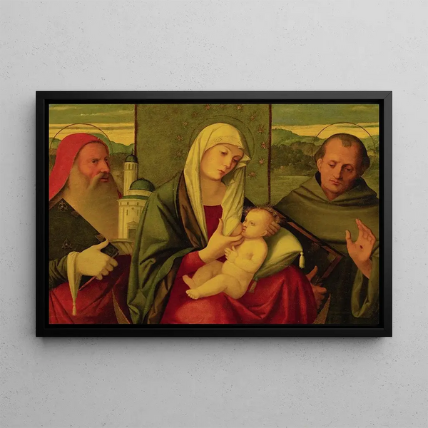 Madonna and Child with Saint Jerome and Saint Francis - Girolamo da Santacroce — framed artwork on a wall