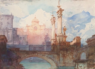 a painting of a bridge over water in front of a palace - Giulio Ferrari — artwork view
