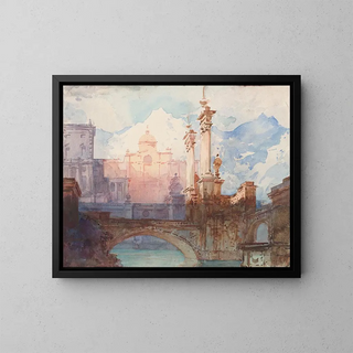 a painting of a bridge over water in front of a palace - Giulio Ferrari — framed artwork on a wall