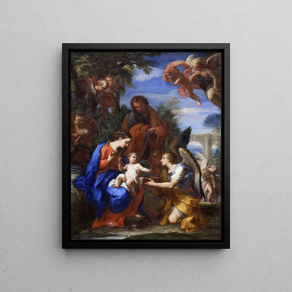 The Rest During the Flight into Egypt - Giuseppe Bartolomeo Chiari — framed artwork on a wall