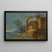a whimsical river landscape with figures in a boat in the foreground - Giuseppe Bernardino Bison — framed artwork on a wall