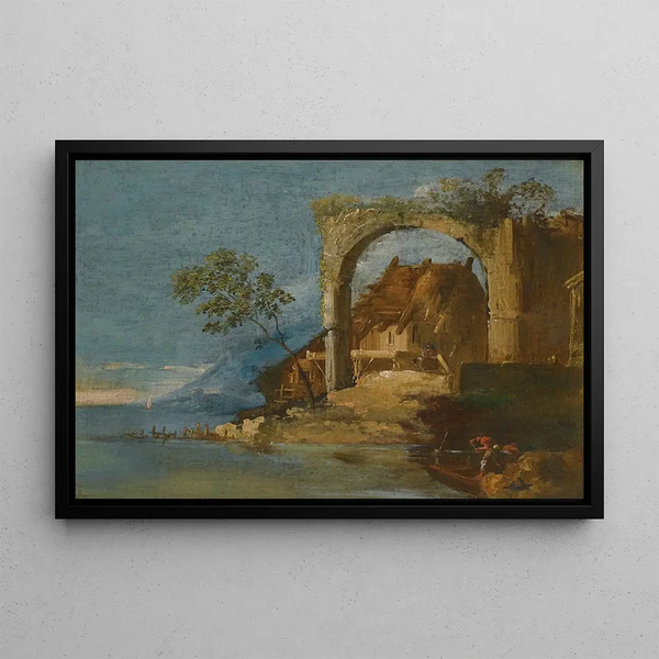 a whimsical river landscape with figures in a boat in the foreground - Giuseppe Bernardino Bison — framed artwork on a wall