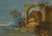 a whimsical river landscape with figures in a boat in the foreground - Giuseppe Bernardino Bison — artwork view