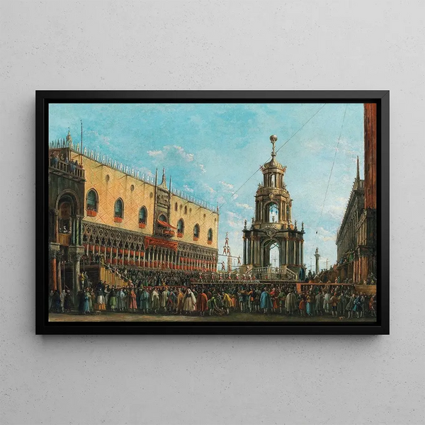 The Carnival of Mardi Gras in front of the Ducal Palace in Venice - Giuseppe Bernardino Bison — framed artwork on a wall