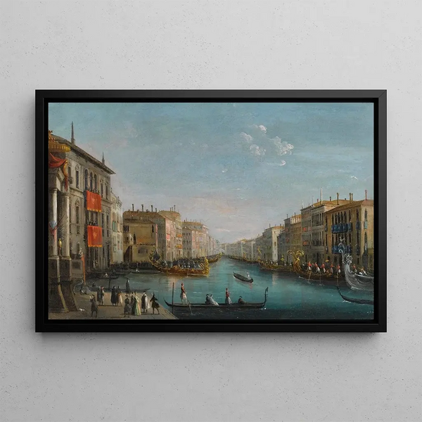 Venice painting, view of the Grand Canal from Palazzo Balbi towards the Rialto Bridge with a regatta - Giuseppe Bernardino Bison — framed artwork on a wall