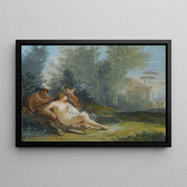 Venus and Cupid with a Satyr in a Classical Landscape - Giuseppe Bernardino Bison — framed artwork on a wall