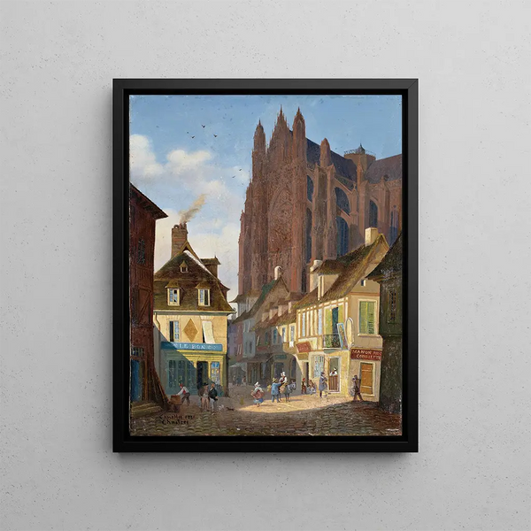 a street in Chartres with the cathedral in the background - Giuseppe Canella — framed artwork on a wall