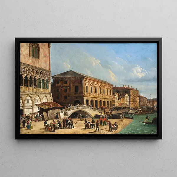Venice, view of the Riva degli Schiavoni with the Ponte della Paglia - Giuseppe Canella — framed artwork on a wall