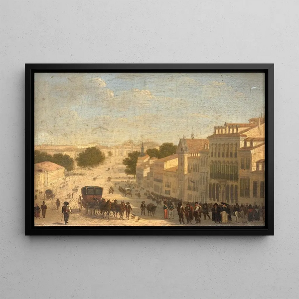 View of Calle de Alcalá with the Cybele fountain and the Alcalá gate Madrid - Giuseppe Canella — framed artwork on a wall