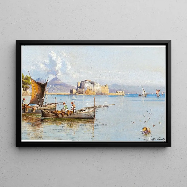 Fishermen in the Gulf of Naples, Vesuvius in the background - Giuseppe Carelli — framed artwork on a wall
