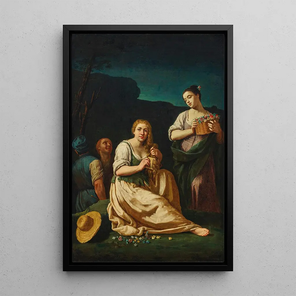 Allegory of Spring with a young woman painting herself and another holding a basket of flowers in a landscape - Giuseppe Gambarini — framed artwork on a wall