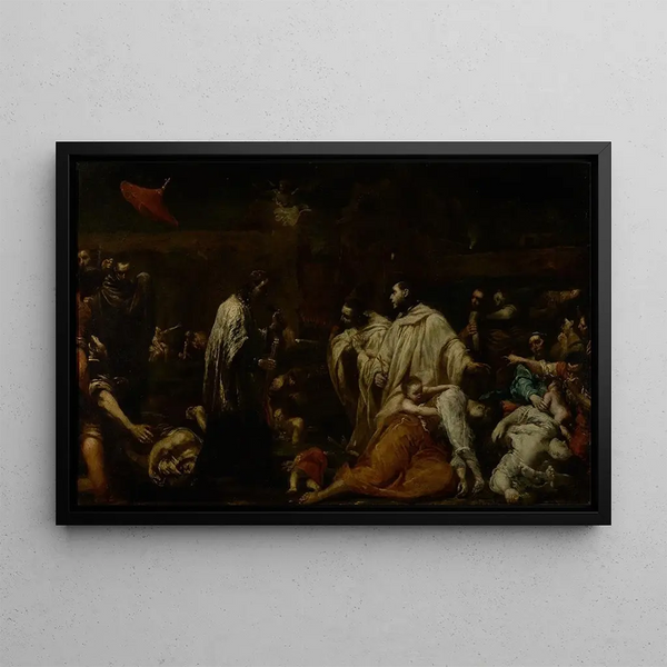 The Blessed Bernard Tolomei interceding for the cessation of the plague in Siena - Giuseppe Maria Crespi — framed artwork on a wall