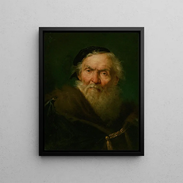 an elderly bearded man wearing a fur-lined coat with a gold clasp - Giuseppe Nogari — framed artwork on a wall
