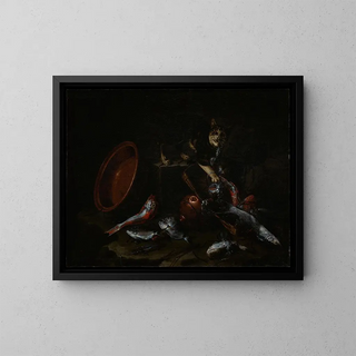 a flying cat with fish - Giuseppe Recco — framed artwork on a wall