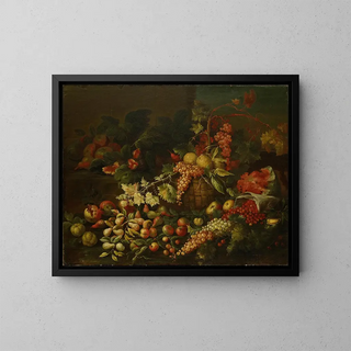Still life with a basket of fruits in front of a wall - Giuseppe Ruoppolo — framed artwork on a wall