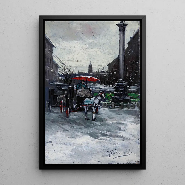 Urban view painting with carriage - Giuseppe Solenghi — framed artwork on a wall