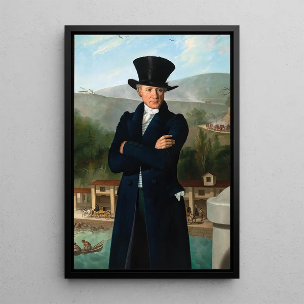 Portrait painting of the maritime agent Paolo Preinitsch Rosegg 1762-1840 in the port of Trieste - Giuseppe Tominz — framed artwork on a wall