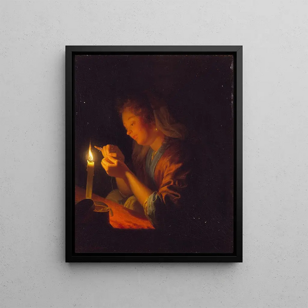 Girl threading a needle by candlelight - Godfried Schalcken — framed artwork on a wall
