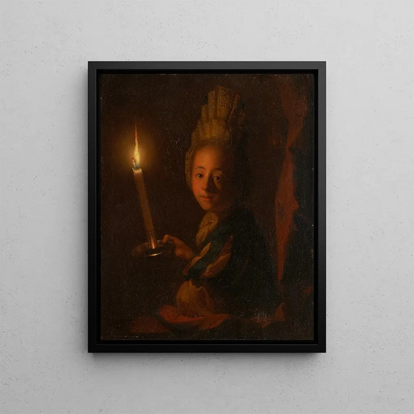 Girl with a lit candle - Godfried Schalcken — framed artwork on a wall