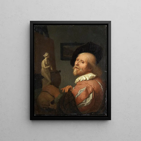 Portrait of an artist in his studio - Godfried Schalcken — framed artwork on a wall
