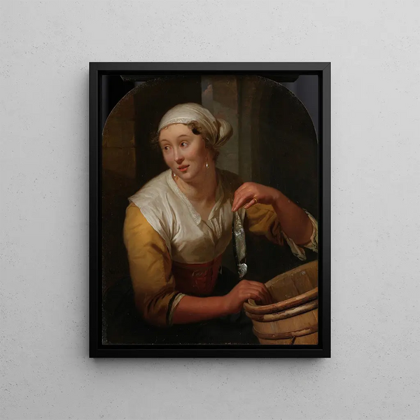 a Woman Selling Herring - Godfried Schalcken — framed artwork on a wall