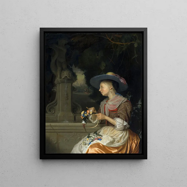 a woman braiding a flower crown - Godfried Schalcken — framed artwork on a wall