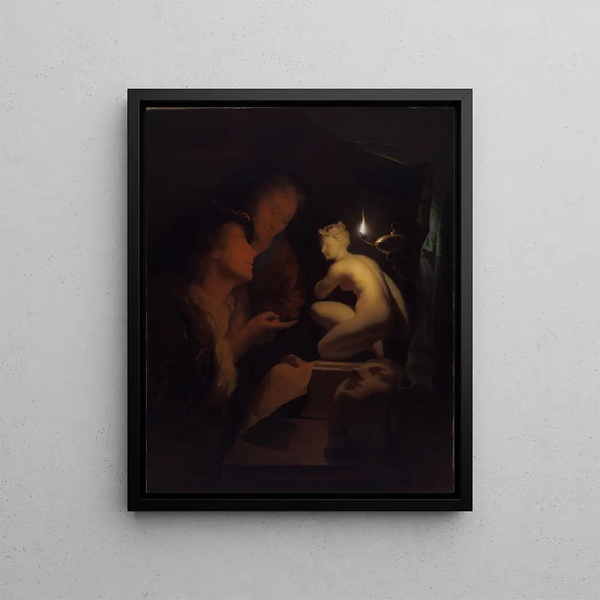 Young man and woman studying a Venus statue by lamplight - Godfried Schalcken — framed artwork on a wall
