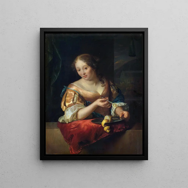 Young woman with lemon - Godfried Schalcken — framed artwork on a wall