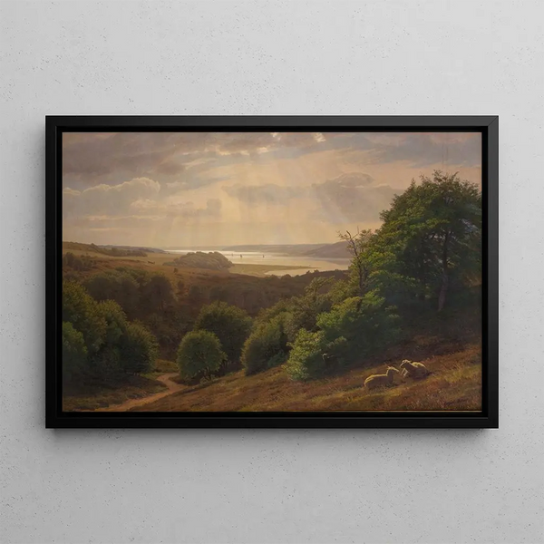 View from Vesterskov near Mariager with the fjord in the background - Godtfred Rump — framed artwork on a wall