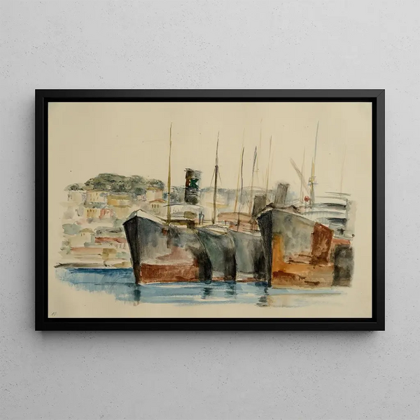 Tugboat in the high sea in the port - Gottfried Graf — framed artwork on a wall