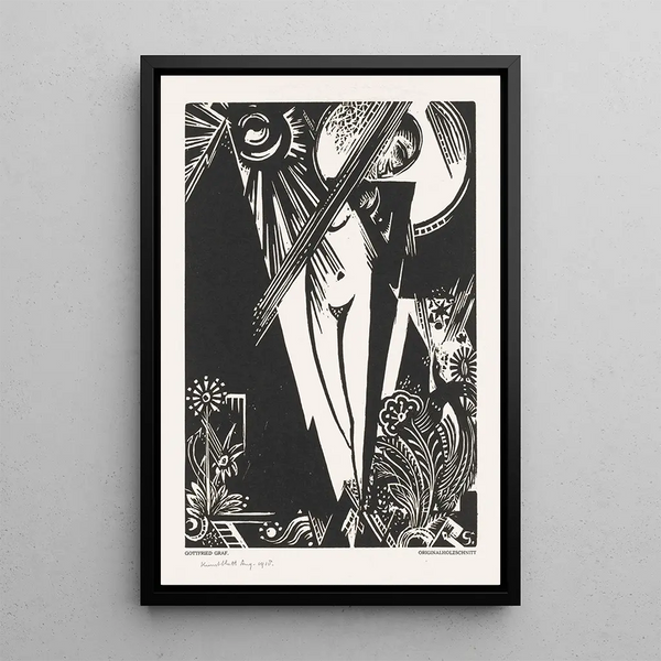 Woman standing sun moon and flowers - Gottfried Graf — framed artwork on a wall