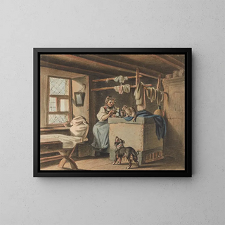 Woman preparing coffee - Gottfried Mind — framed artwork on a wall