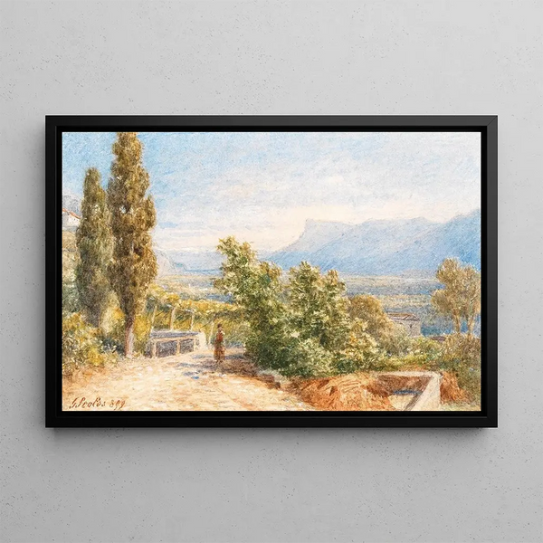 Landscape in South Tyrol and staffage figure with Mendel mountain in the background - Gottfried Seelos — framed artwork on a wall