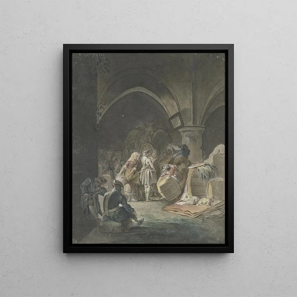 Soldiers and vendors in a chest with barrels and boxes - Gottlieb Welt — framed artwork on a wall