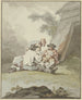Four men sitting or crouching on the ground in front of a hut playing cards - Gottlieb Welt — artwork view