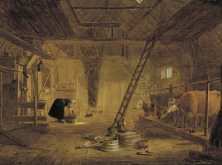 Interior barn painting with four cows, a dairymaid cleaning a pot, and terracotta pots in the foreground - Govert Dircksz Camphuysen — artwork view