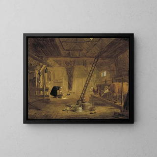 Interior barn painting with four cows, a dairymaid cleaning a pot, and terracotta pots in the foreground - Govert Dircksz Camphuysen — framed artwork on a wall