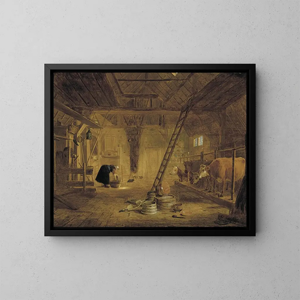 Interior barn painting with four cows, a dairymaid cleaning a pot, and terracotta pots in the foreground - Govert Dircksz Camphuysen — framed artwork on a wall