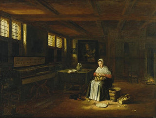 a woman in an interior peeling vegetables - Govert Dircksz Camphuysen — artwork view