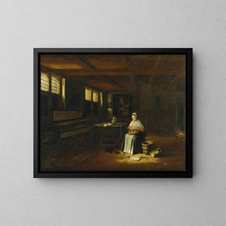 a woman in an interior peeling vegetables - Govert Dircksz Camphuysen — framed artwork on a wall