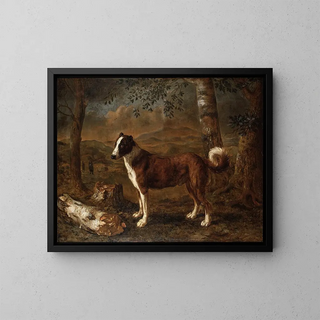Dog and birch log - Govert Dircksz Camphuysen — framed artwork on a wall