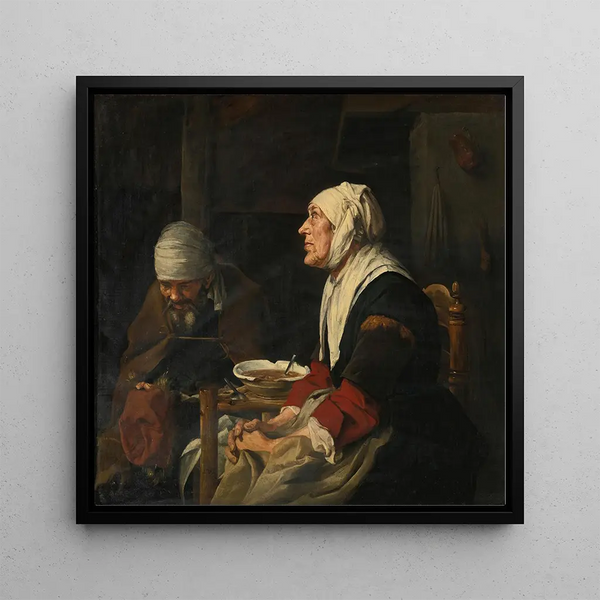 Grace before dinner, an elderly couple sitting at a table - Abraham Van Dijck — framed artwork on a wall