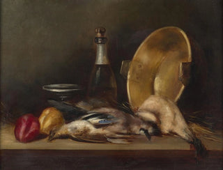 Birds, fruits, champagne bottle and copper basin on a mantelpiece - Graciano Mendilaharzu — artwork view