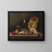 Birds, fruits, champagne bottle and copper basin on a mantelpiece - Graciano Mendilaharzu — framed artwork on a wall