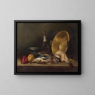 Birds, fruits, champagne bottle and copper basin on a mantelpiece - Graciano Mendilaharzu — framed artwork on a wall