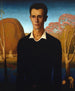 Arnold Pyle in front of a river with two men bathing nude - Grant Wood — artwork view