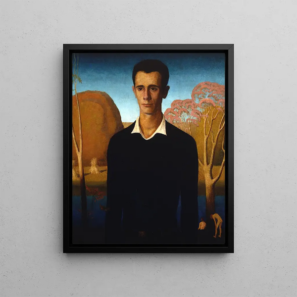 Arnold Pyle in front of a river with two men bathing nude - Grant Wood — framed artwork on a wall