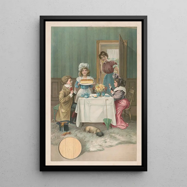 Interior scene with children having tea and being served bread - Gray Litho Co — framed artwork on a wall